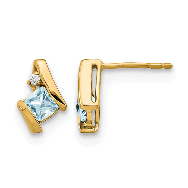 10k Yellow Gold Cushion Aquamarine and Diamond Earrings - Birthstone Company