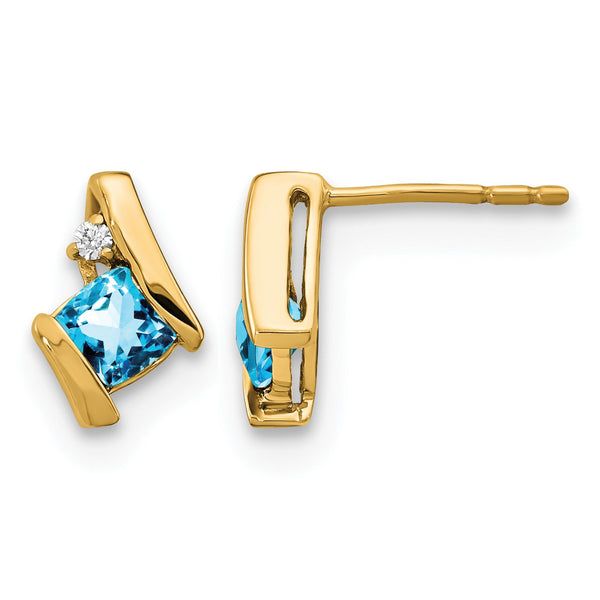 10k Yellow Gold Cushion Blue Topaz and Diamond Earrings - Birthstone Company