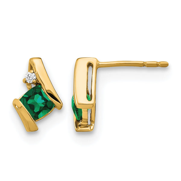 10k Yellow Gold Cushion Cr. Emerald and Diamond Earrings - Birthstone Company
