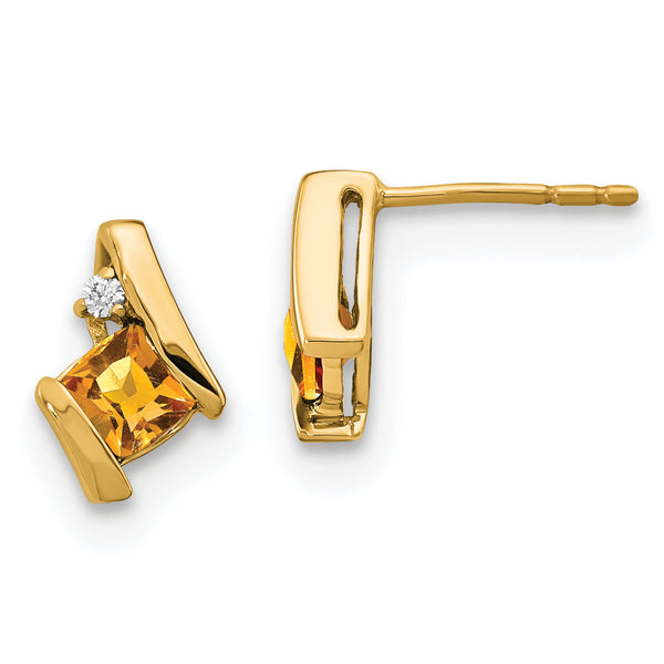 10k Yellow Gold Cushion Citrine and Diamond Earrings