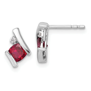 10k White Gold Cushion Cr. Ruby and Diamond Earrings
