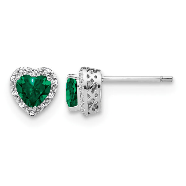 Sterling Silver Rhodium-plated Created Emerald and Diamond Earrings - Birthstone Company