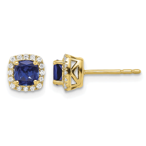 14k 1/10 carat Lab Grown Diamond VS/SI+ G+ and Created Sapphire Complete Square Halo Post Earrings - Birthstone Company