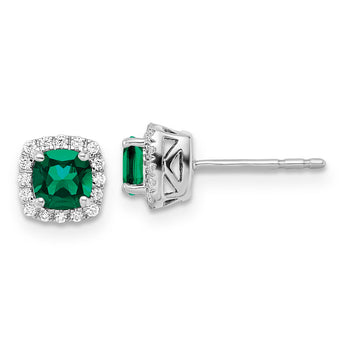 14K White Gold Lab Grown Diamond & Cr Emerald Halo Post Earrings