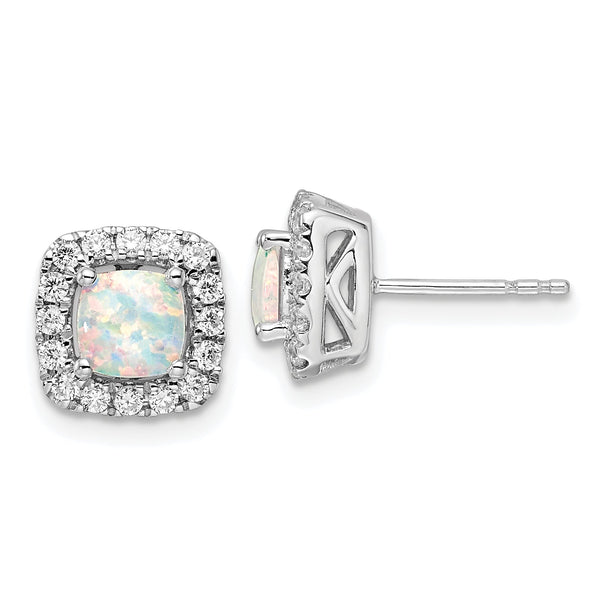 14K White Gold Lab Grown Diamond and Opal Halo Post Earrings