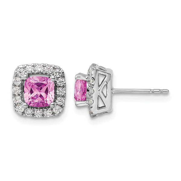 14k White Gold 3/8 carat Lab Grown Diamond VS/SI+ G+ October Birthstone Lab Created Pink Sapphire Halo Post Earrings - Birthstone Company