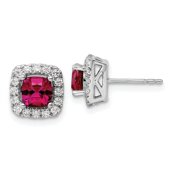 14K White Gold Lab Grown Diamond and Created Ruby Halo Post Earrings
