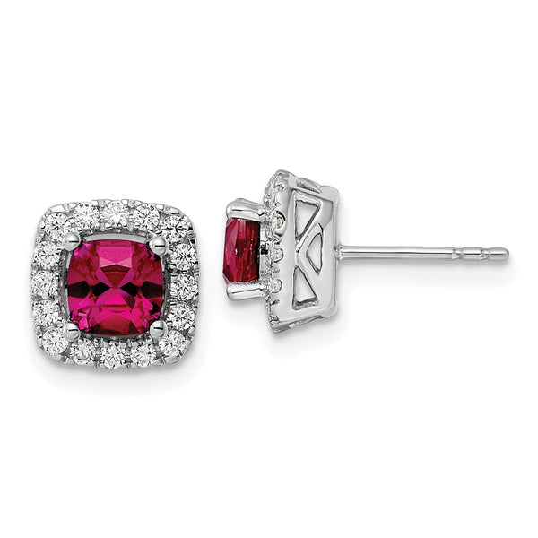 14K White Gold Lab Grown Diamond and Created Ruby Halo Post Earrings