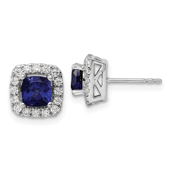 14k White Gold 3/8 carat Lab Grown Diamond VS/SI+ G+ September Birthstone Lab Created Blue Sapphire Halo Post Earrings