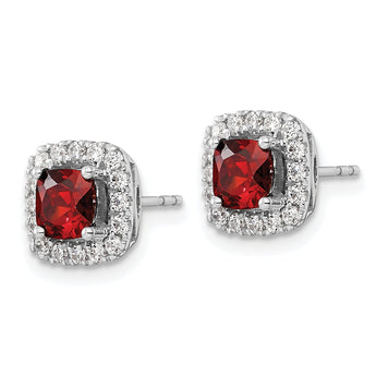 14K White Gold Lab Grown Diamond and Garnet Halo Post Earrings