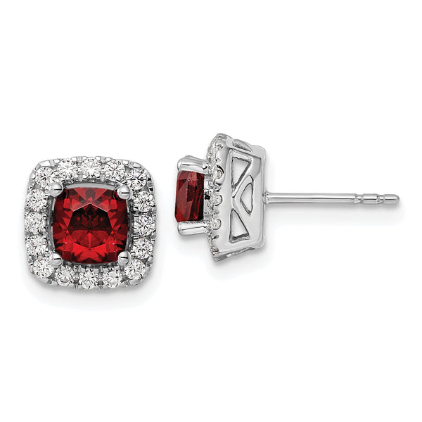 14K White Gold Lab Grown Diamond and Garnet Halo Post Earrings