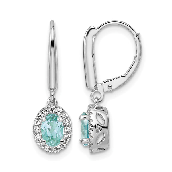 Pure Serenity 14k White Gold 1/5 carat Lab Grown Diamond VS/SI+ G+ and Lab Created Paraiba Leverback Dangle Earrings - Birthstone Company