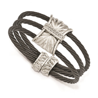 Edward Mirell Titanium Sterling Silver Wht Sapphire Cable Cuff Bangle - Birthstone Company