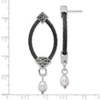 Black Titanium & Silver Dangle Earrings with Pearl Floral Accent