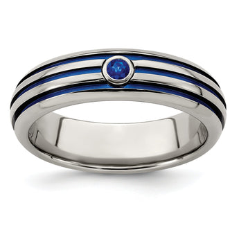 Titanium Sapphire Grooved Wedding Band with Blue Anodized Accents