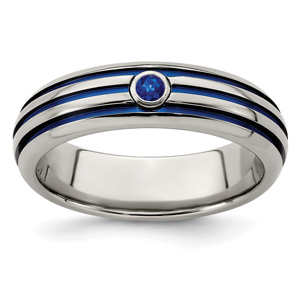 Titanium Sapphire Grooved Wedding Band with Blue Anodized Accents