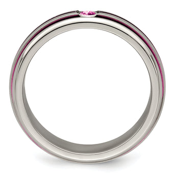 Edward Mirell Titanium Wedding Band with Pink Sapphire and Grooved Design