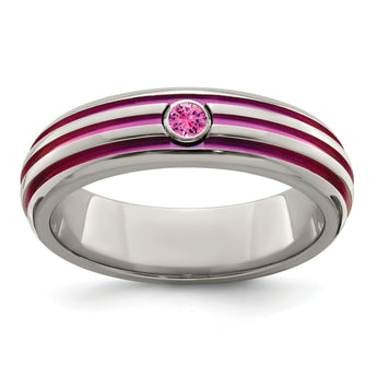 Edward Mirell Titanium Wedding Band with Pink Sapphire and Grooved Design