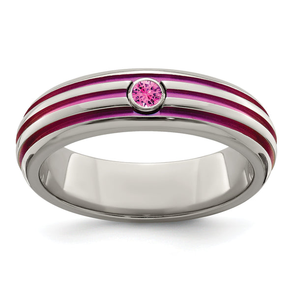Edward Mirell Titanium Wedding Band with Pink Sapphire and Grooved Design