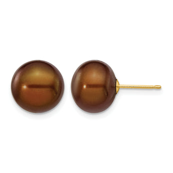 14K Gold Filled 10-11mm Brown Button Cultured Freshwater Pearl Stud Earrings