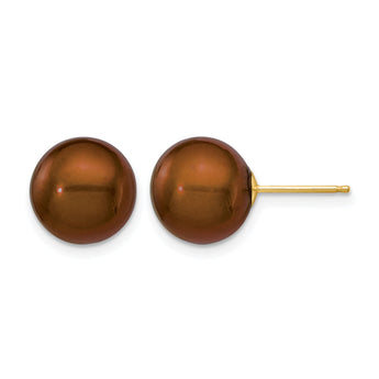 14K Gold Filled 10-11mm Brown Round Cultured Freshwater Pearl Stud Earrings