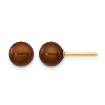 14K Gold Filled 6-7mm Brown Round Cultured Freshwater Pearl Stud Earrings