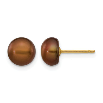 14K Gold Filled 7-8mm Brown Button Cultured Freshwater Pearl Stud Earrings