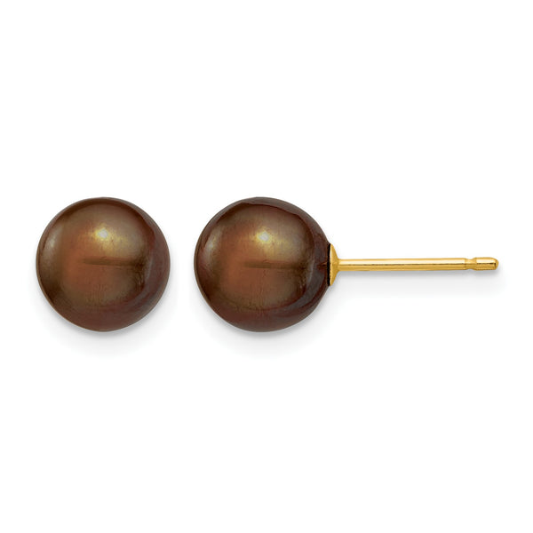 14K Gold Filled 7-8mm Brown Round Cultured Freshwater Pearl Stud Earrings - Birthstone Company