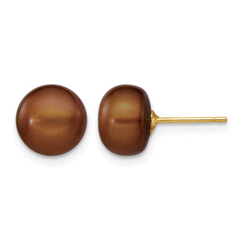 14K Gold Filled 8-9mm Brown Button Cultured Freshwater Pearl Stud Earrings