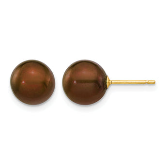 14K Gold Filled 8-9mm Brown Round Cultured Freshwater Pearl Stud Earrings