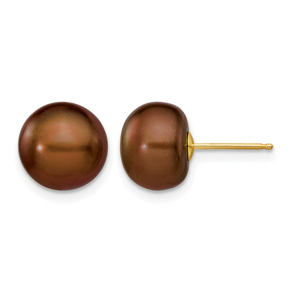 14K Gold Filled 9-10mm Brown Button Cultured Freshwater Pearl Stud Earrings - Birthstone Company
