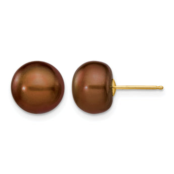 14K Gold Filled 9-10mm Brown Button Cultured Freshwater Pearl Stud Earrings