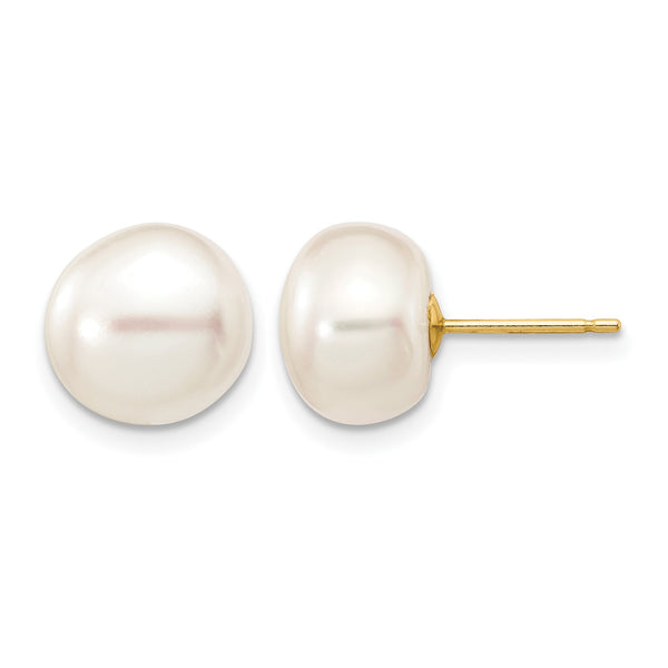14K Gold Filled 9-10mm White Button Cultured Freshwater Pearl Stud Earrings - Birthstone Company
