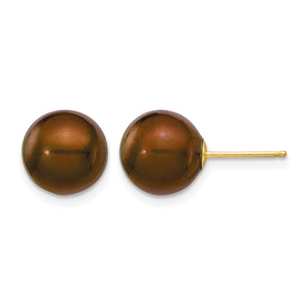 14K Gold Filled 9-10mm Brown Round Cultured Freshwater Pearl Stud Earrings