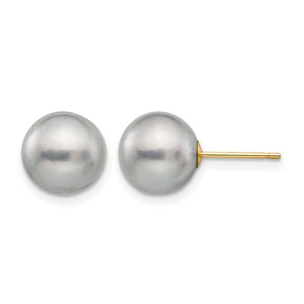 14K Gold Filled 9-10mm Grey Round Cultured Freshwater Pearl Stud Earrings - Birthstone Company