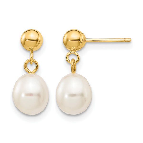 14K Gold Filled 6-7mm White Rice Cultured Freshwater Pearl Post Dangle Earrings - Birthstone Company