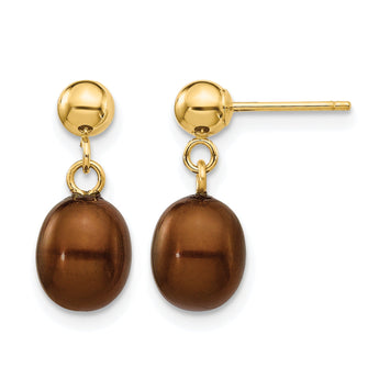 14K Gold Filled 6-7mm Brown Rice Cultured Freshwater Pearl Post Dangle Earrings