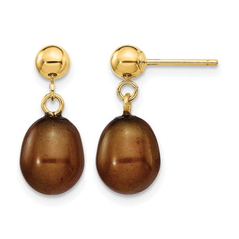 14K Gold Filled 7-8mm Brown Rice Cultured Freshwater Pearl Post Dangle Earrings