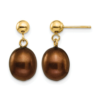14K Gold Filled 8-9mm Brown Rice Cultured Freshwater Pearl Post Dangle Earrings