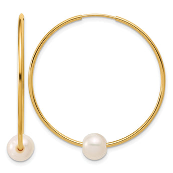14K Gold Filled 6-7mm White Round Cultured Freshwater Pearl Large Hoop Earrings