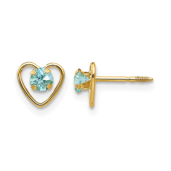 14k Madi K 3mm Genuine Aquamarine Birthstone Heart Earrings - Birthstone Company