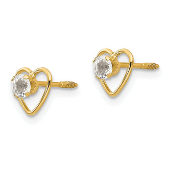 White Topaz Birthstone Heart Stud Earrings in 14K Yellow Gold, 6mm