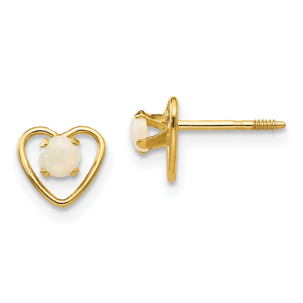 14K Gold Heart Earrings with Imitation Opal Birthstone Polished, Nickel-Free