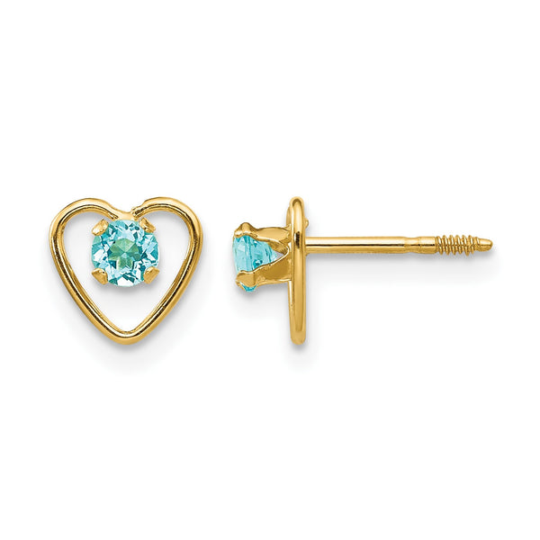 14k Madi K 3mm Genuine Blue Topaz Birthstone Heart Earrings - Birthstone Company