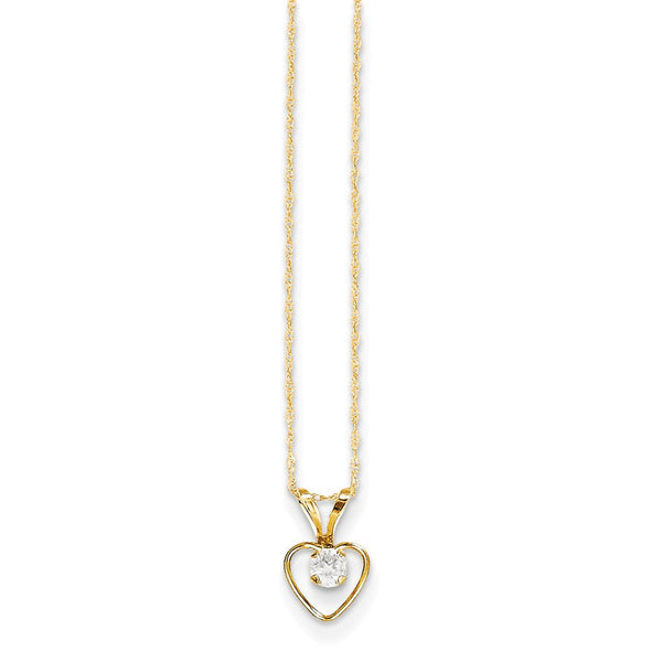 14K Gold Heart Necklace with White Zircon Birthstone Charm