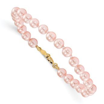 Madi K 14k Yellow Gold 4.5mm-5.5mm Pink Imitation Shell Pearl 5.25 inch Bracelet - Birthstone Company