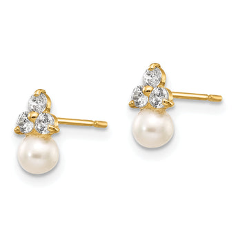14K Gold CZ and Freshwater Pearl Button Earrings Polished, Nickel-Free, Elegant Design