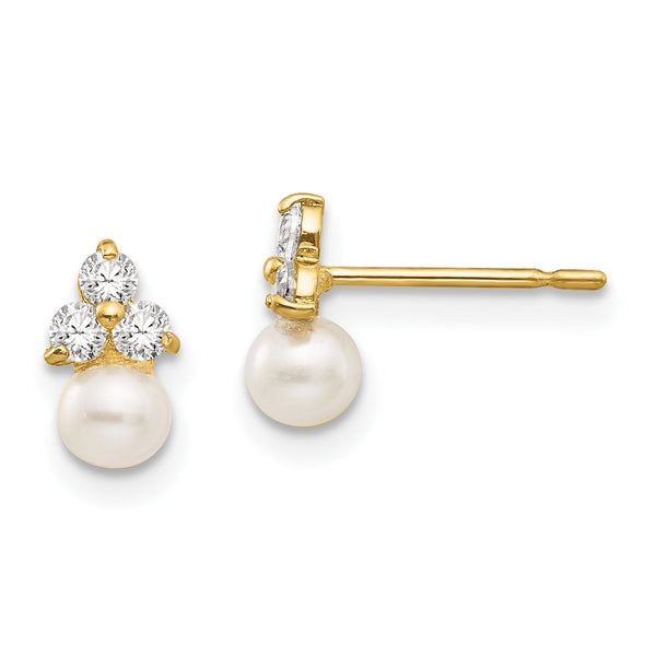 14K Gold CZ and Freshwater Pearl Button Earrings Polished, Nickel-Free, Elegant Design