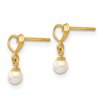 14K Gold Freshwater Cultured Pearl Heart Dangle Earrings Polished, Nickel-Free