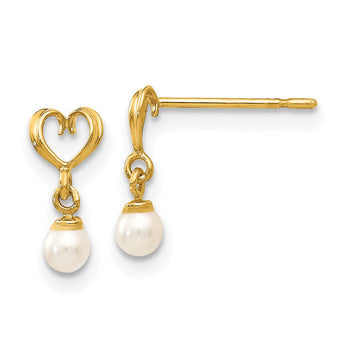 14K Gold Freshwater Cultured Pearl Heart Dangle Earrings Polished, Nickel-Free